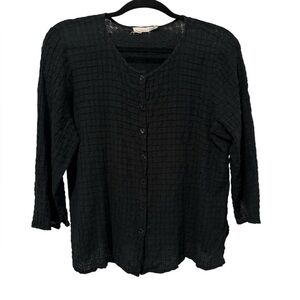 Eileen Fisher Square Grid Textured Button Up 3/4 Sleeve Shirt (Size L)
